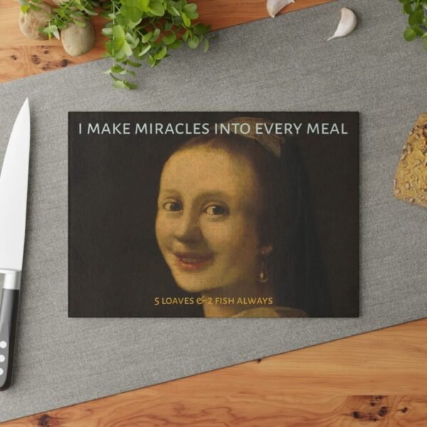 Funny 5 loaves 2 fish Glass Cutting Board,Art Lover,Kitchen Gift,Humorous Sarcastic Gag -Art Joke,housewarming Gift for her,Christian gift