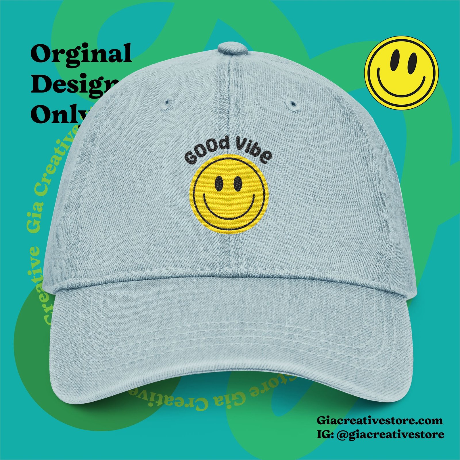 Smiley face cap - Good Vibes Embroidered Denim Hat