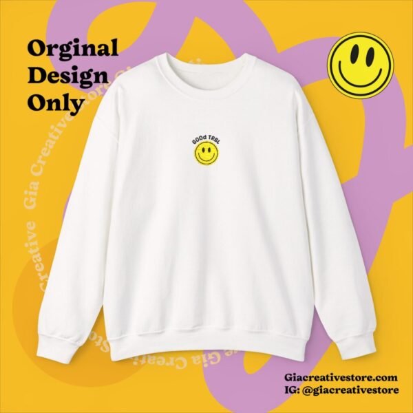 Embroidered Good TRBL Cheerful Crewneck Sweatshirt with Smiley Design